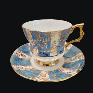 8 hr - Sale Royal Windsor Bone China Tea Cup and Saucer:Blue Floral Gold Overlay